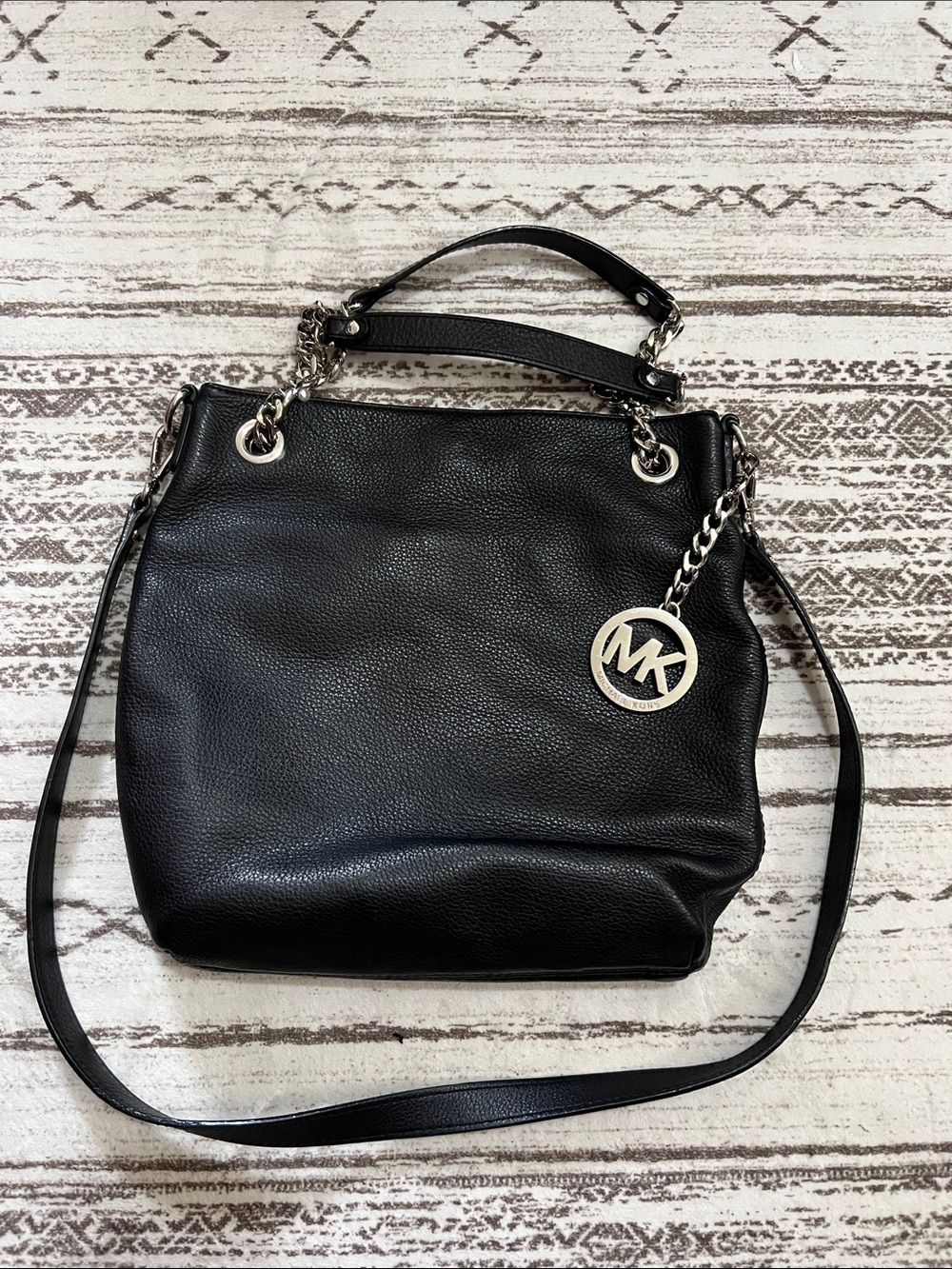 Michael Kors Black Pebbled Leather Chain-Accent Shoulder Bag